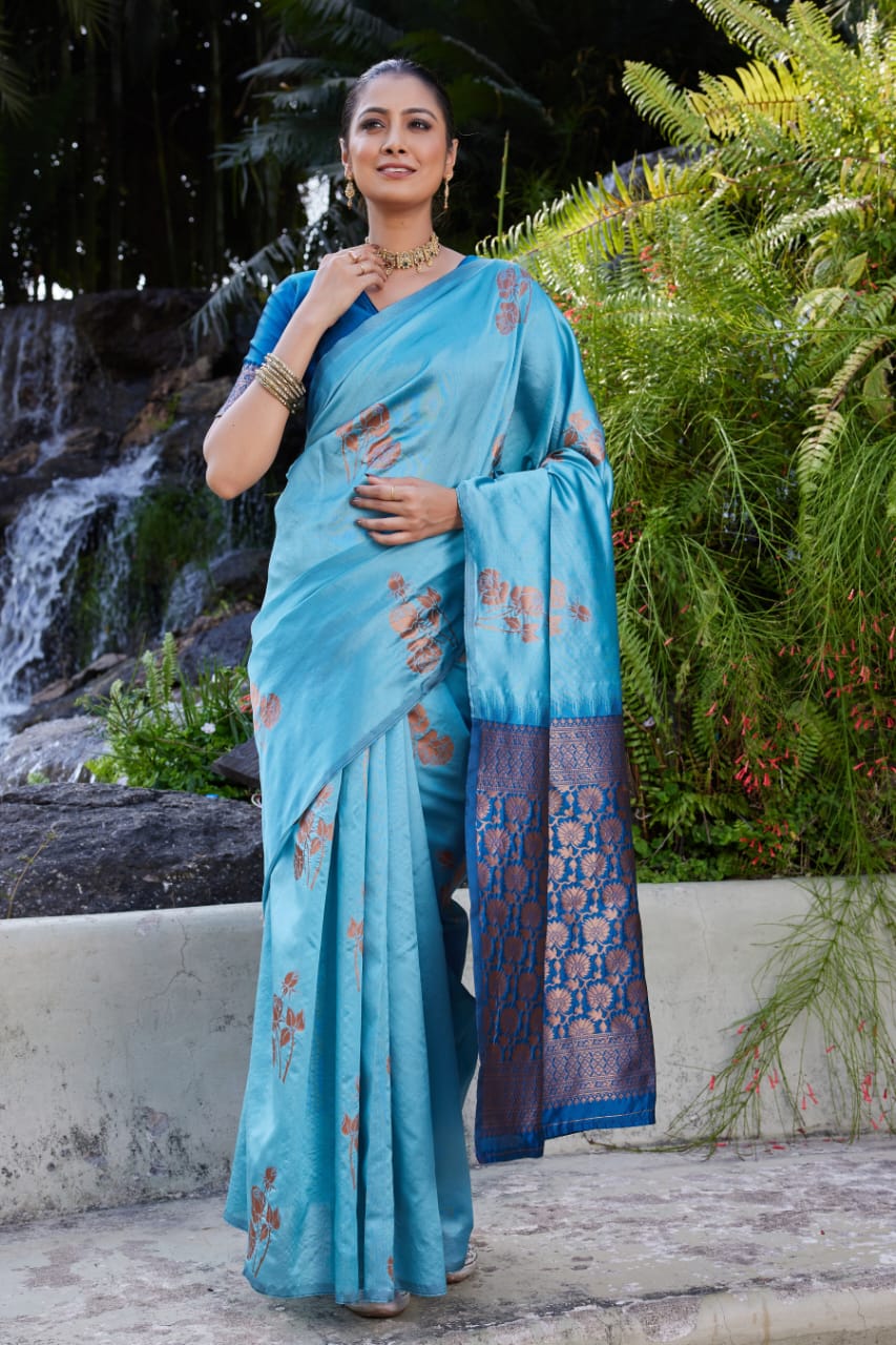 Sky Blue Soft Lichi Silk Saree with Royal Blue Jacquard Pallu