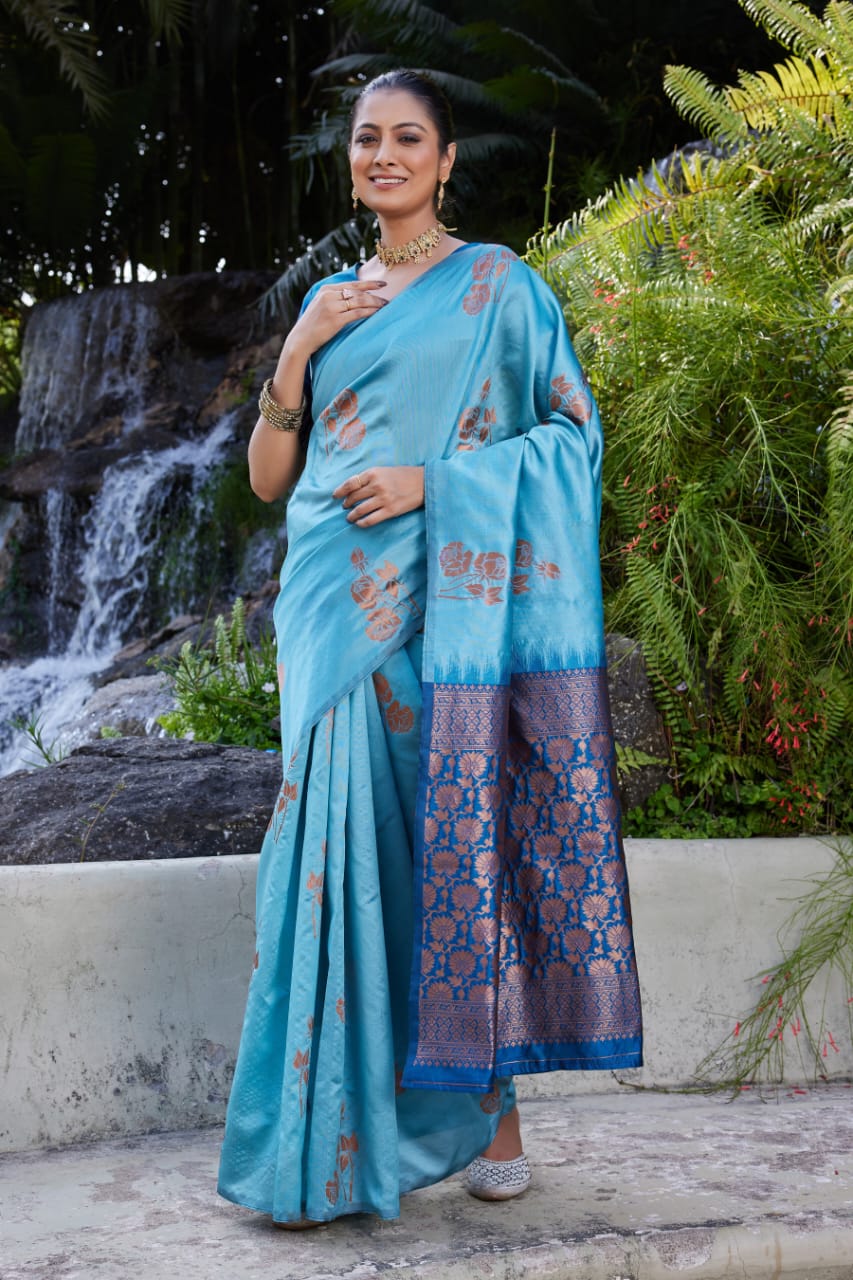 Sky Blue Soft Lichi Silk Saree with Royal Blue Jacquard Pallu