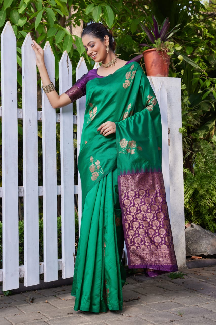 Premium Green Lichi Silk Jacquard Saree with Heavy Zari Pallu