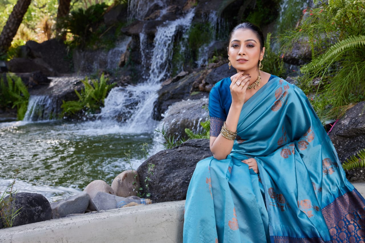 Sky Blue Soft Lichi Silk Saree with Royal Blue Jacquard Pallu