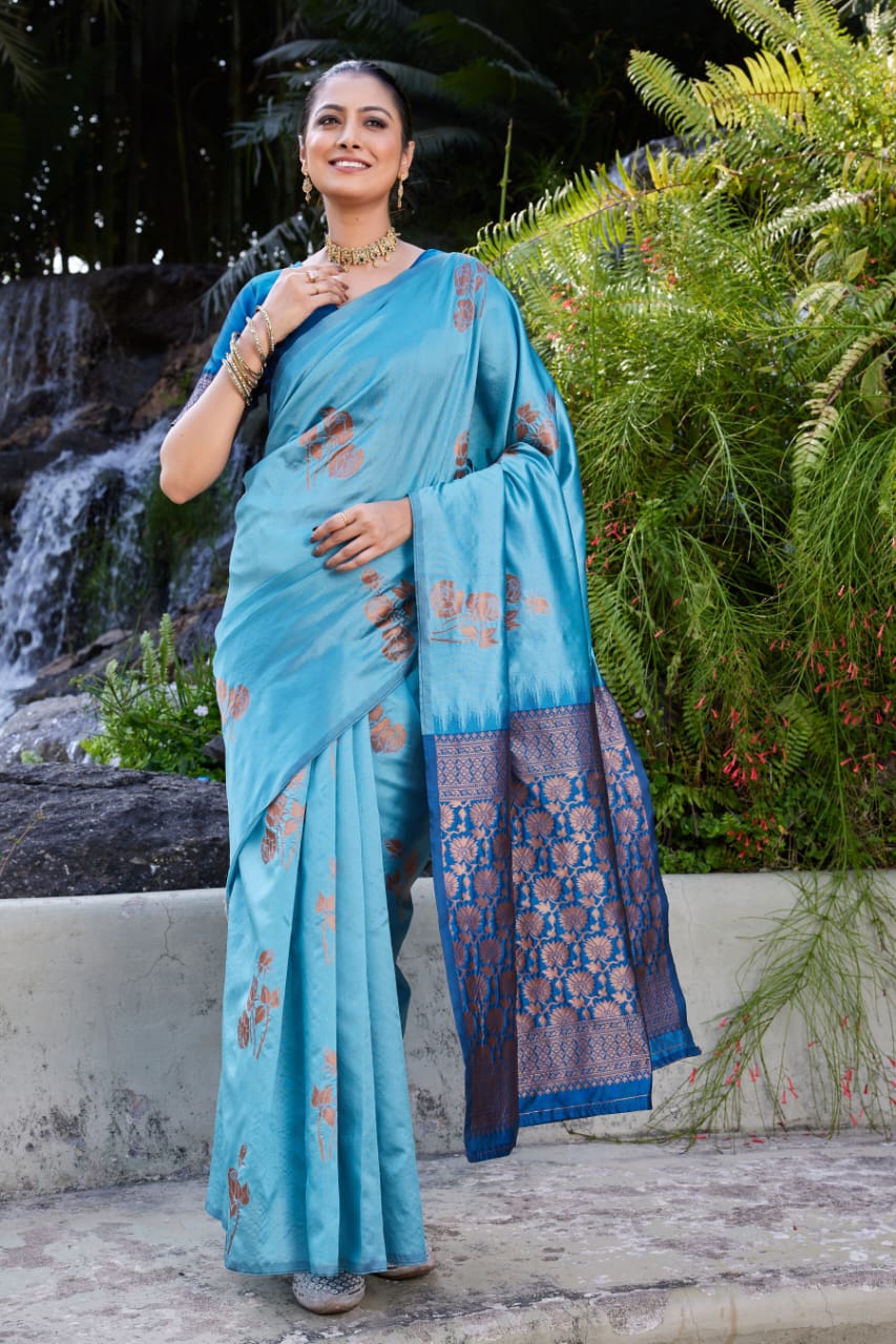 Sky Blue Soft Lichi Silk Saree with Royal Blue Jacquard Pallu