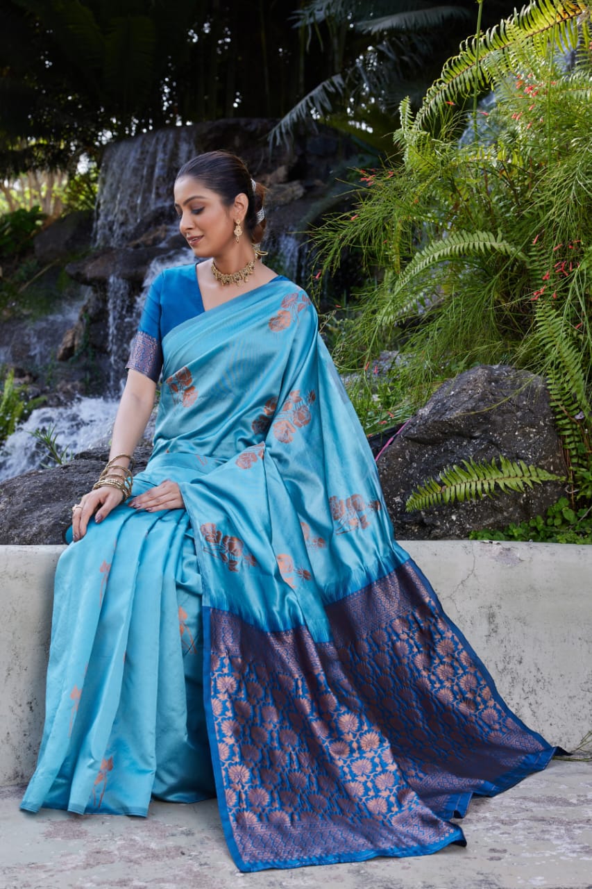 Sky Blue Soft Lichi Silk Saree with Royal Blue Jacquard Pallu