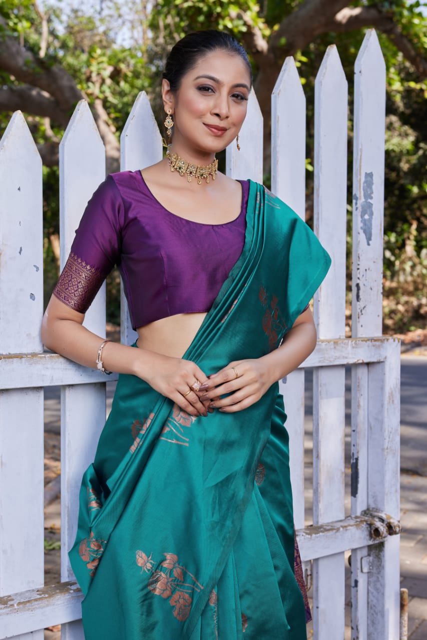 Teal Green Soft Lichi Silk Saree with Purple Jacquard Pallu