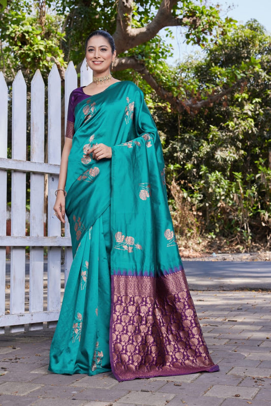 Teal Green Soft Lichi Silk Saree with Purple Jacquard Pallu