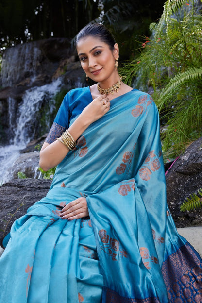 Sky Blue Soft Lichi Silk Saree with Royal Blue Jacquard Pallu