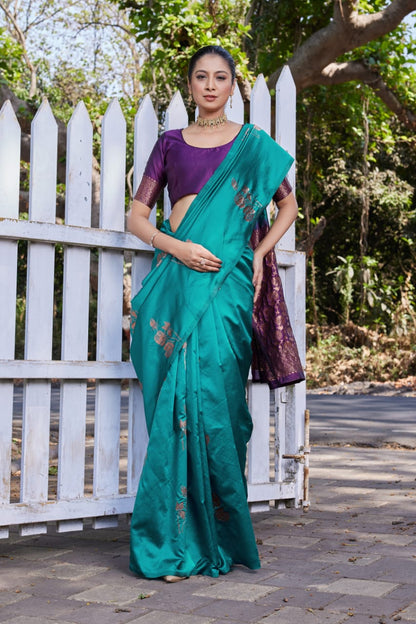 Teal Green Soft Lichi Silk Saree with Purple Jacquard Pallu