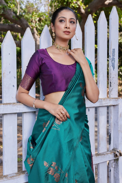 Teal Green Soft Lichi Silk Saree with Purple Jacquard Pallu