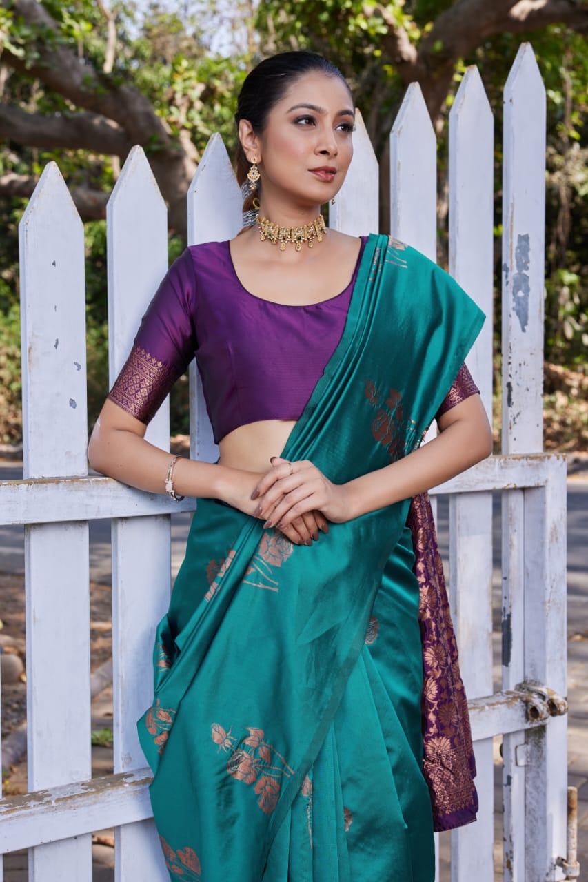 Teal Green Soft Lichi Silk Saree with Purple Jacquard Pallu