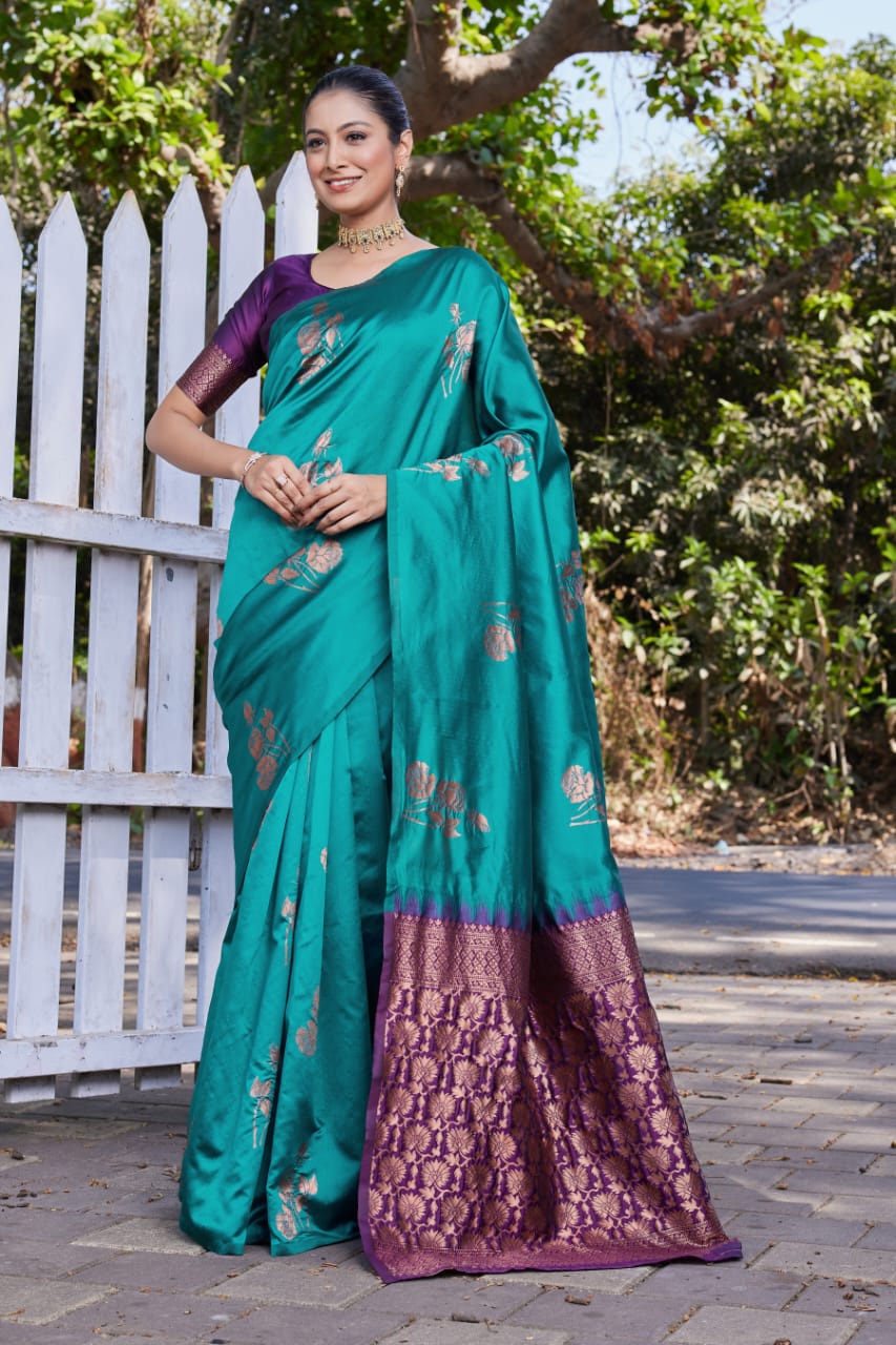 Teal Green Soft Lichi Silk Saree with Purple Jacquard Pallu