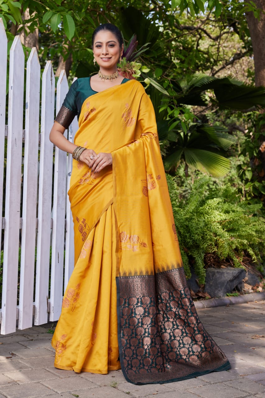 Mustard Yellow Soft Lichi Silk Saree with Dark Green Jacquard Pallu