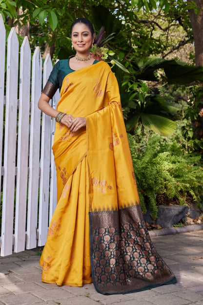 Mustard Yellow Soft Lichi Silk Saree with Dark Green Jacquard Pallu