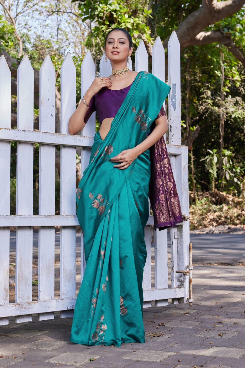 Teal Green Soft Lichi Silk Saree with Purple Jacquard Pallu