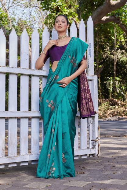 Teal Green Soft Lichi Silk Saree with Purple Jacquard Pallu