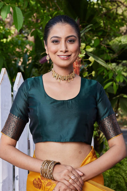 Mustard Yellow Soft Lichi Silk Saree with Dark Green Jacquard Pallu