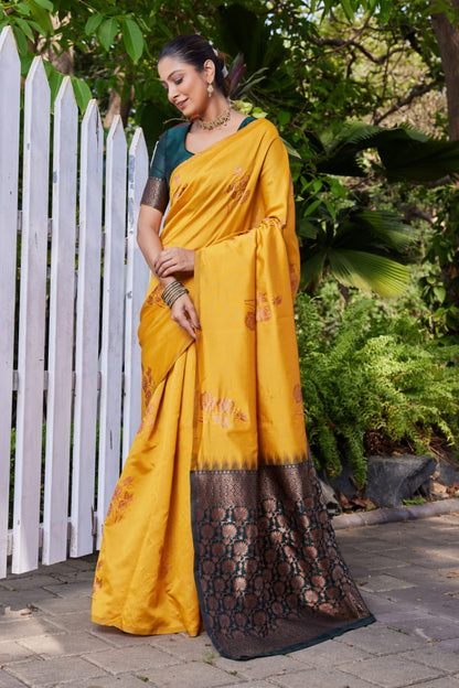 Mustard Yellow Soft Lichi Silk Saree with Dark Green Jacquard Pallu
