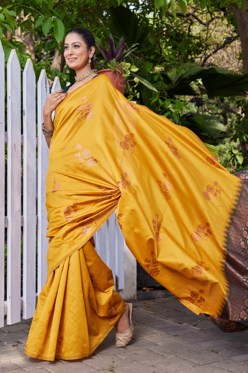 Mustard Yellow Soft Lichi Silk Saree with Dark Green Jacquard Pallu