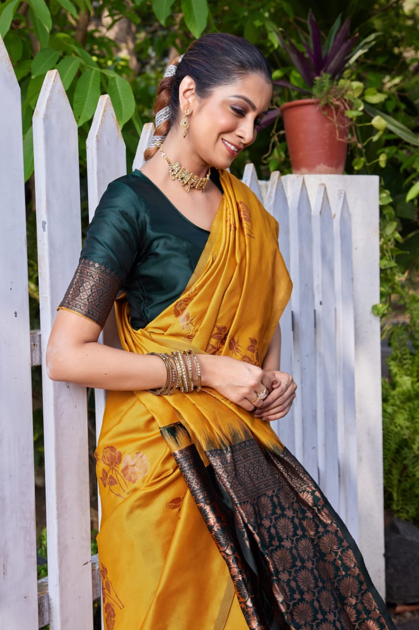 Mustard Yellow Soft Lichi Silk Saree with Dark Green Jacquard Pallu