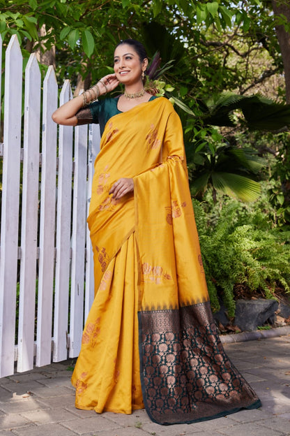 Mustard Yellow Soft Lichi Silk Saree with Dark Green Jacquard Pallu