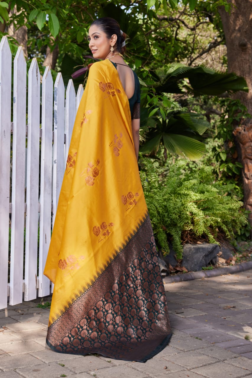 Mustard Yellow Soft Lichi Silk Saree with Dark Green Jacquard Pallu