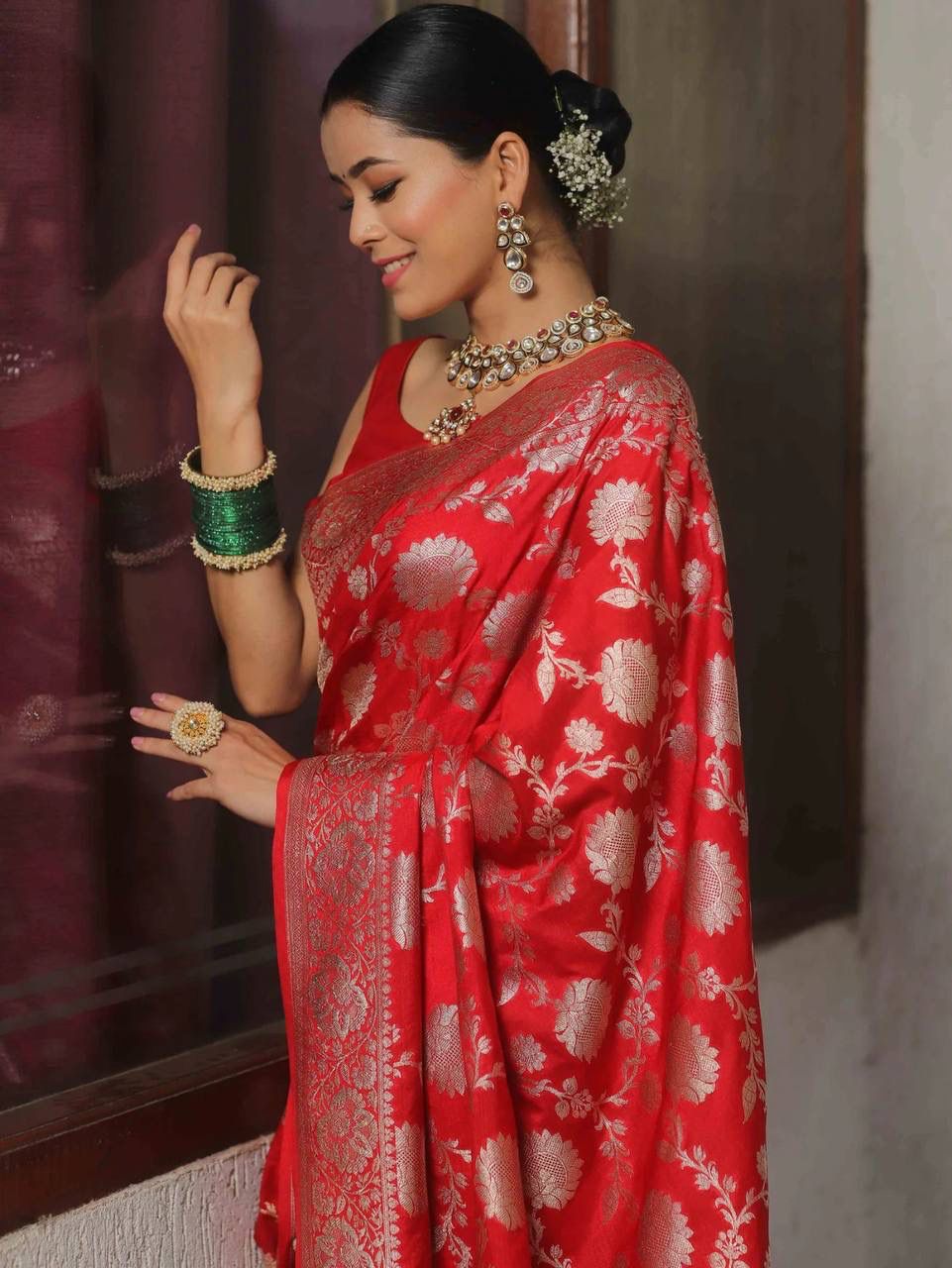 Red Soft Lichi Jacquard Saree