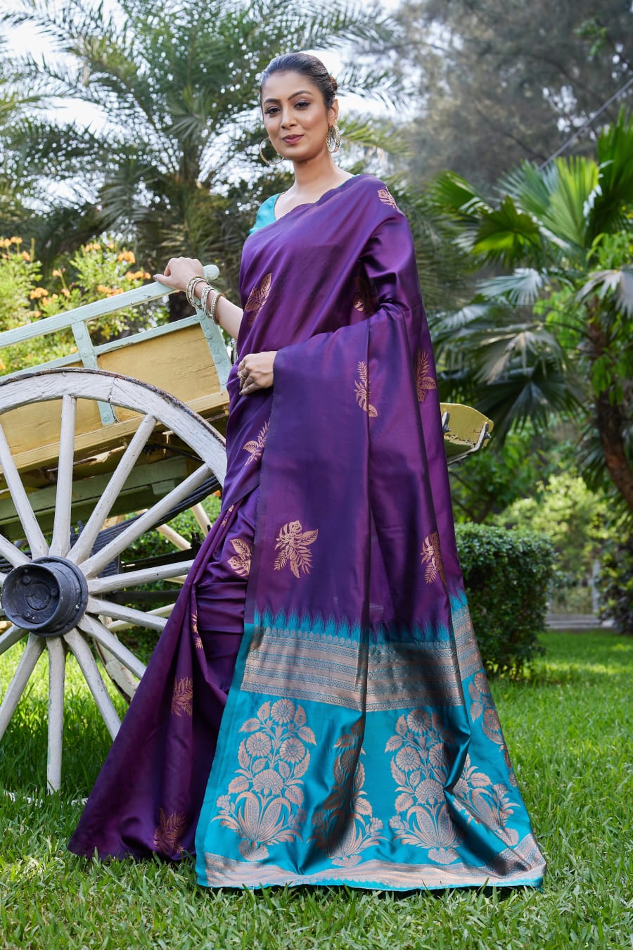 Purple Soft Lichi Silk Saree with Teal Jacquard Border