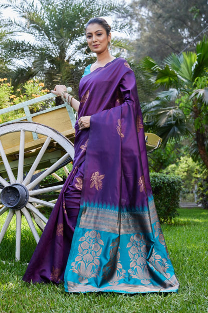 Purple Soft Lichi Silk Saree with Teal Jacquard Border