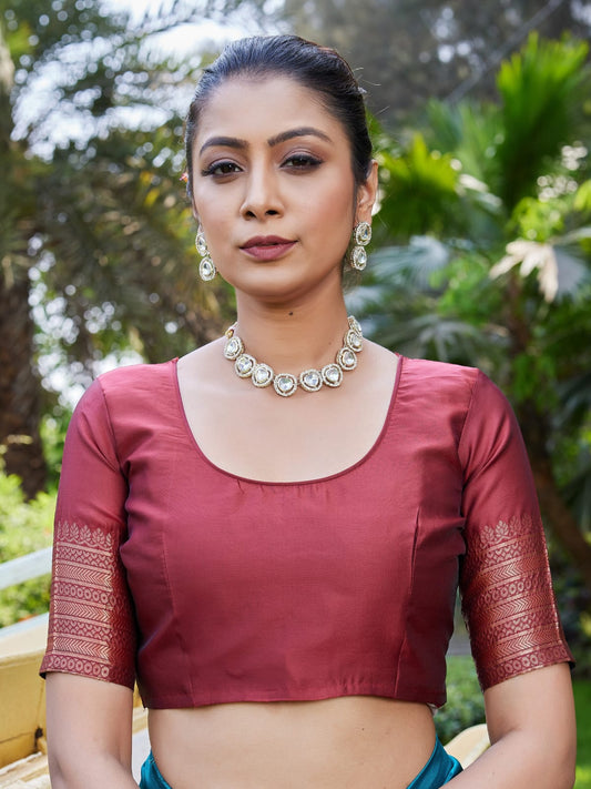 Teal Maroon Lichi Silk Saree