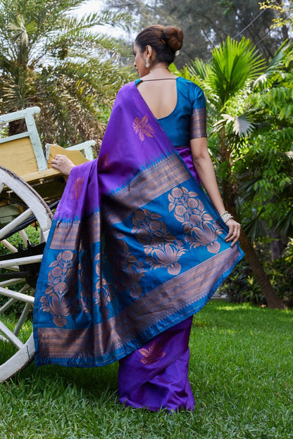 Purple Soft Lichi Silk Saree with Teal Jacquard Border