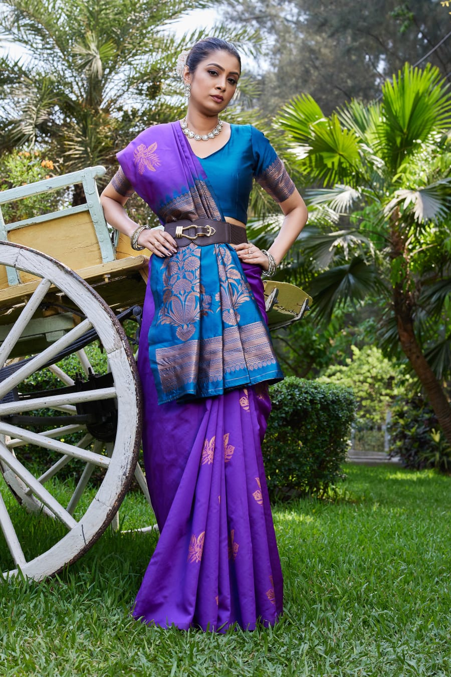 Purple Soft Lichi Silk Saree with Teal Jacquard Border