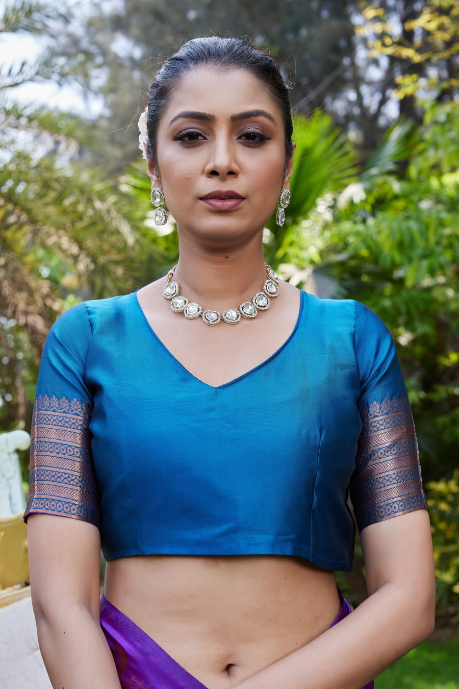 Purple Soft Lichi Silk Saree with Teal Jacquard Border