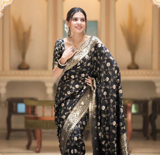 Black Gold Lichi Jacquard Saree