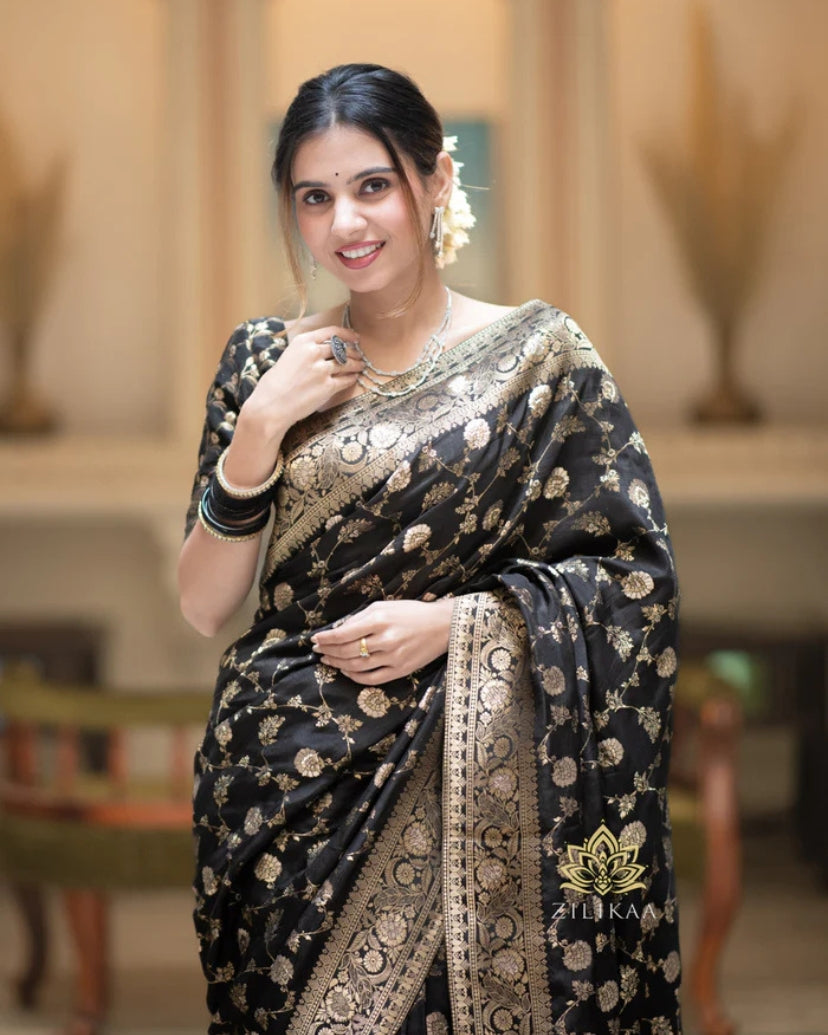 Black Gold Lichi Jacquard Saree