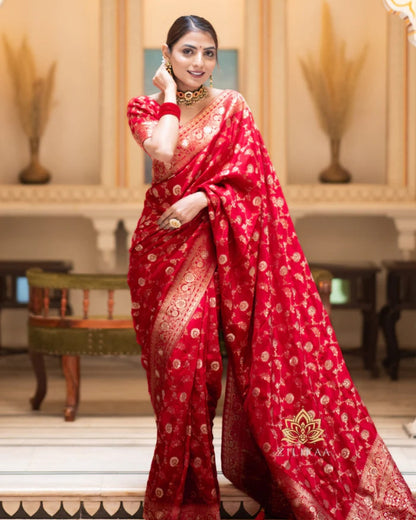 Red Soft Lichi Zari Saree