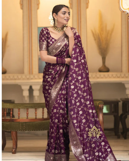 Wine Soft Lichi Jacquard Saree
