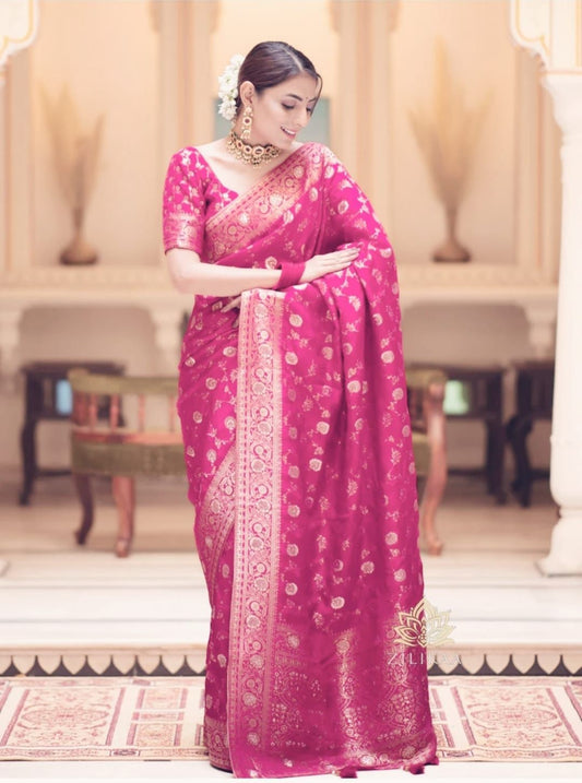 Pink Soft Lichi Zari Saree