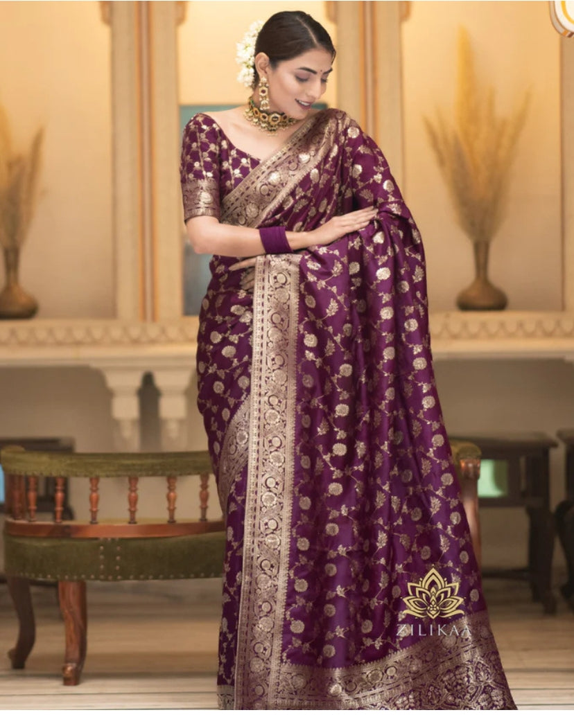 Wine Soft Lichi Jacquard Saree