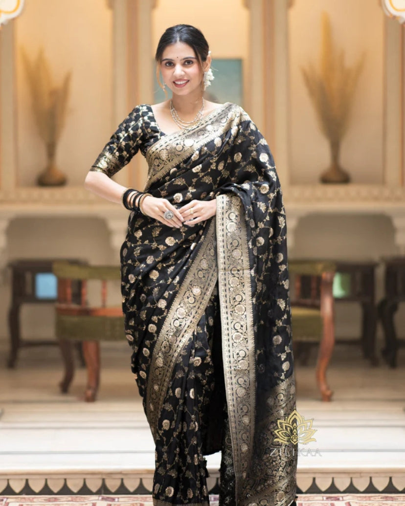 Black Gold Lichi Jacquard Saree