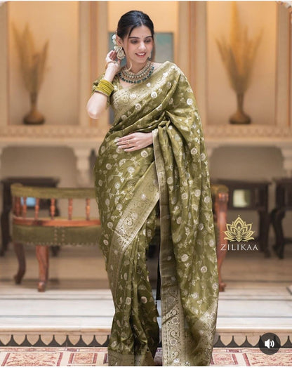 Olive Gold Lichi Jacquard Saree