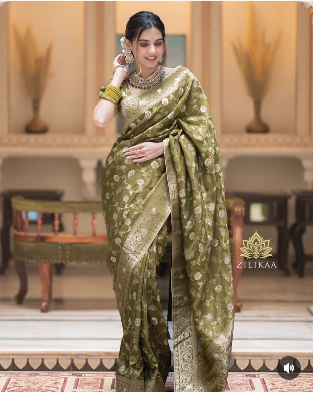Olive Gold Lichi Jacquard Saree