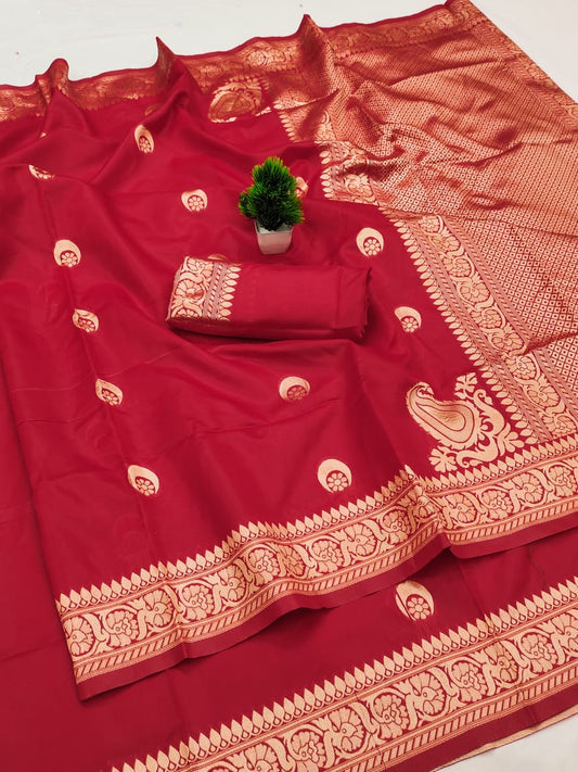 Soft Lichi Silk Saree – Red Zari Work