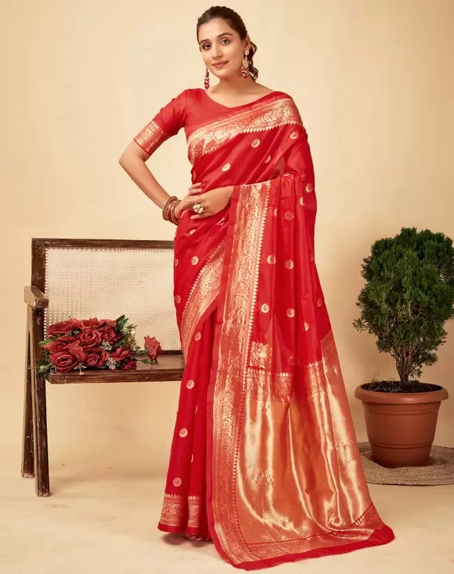 Red Soft Lichi Zari Saree
