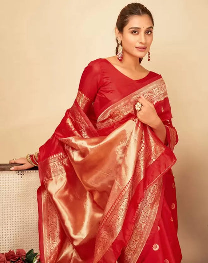 Red Soft Lichi Zari Saree