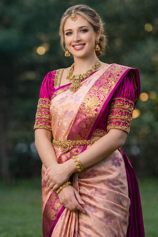 Peach Soft Lichi Zari Saree