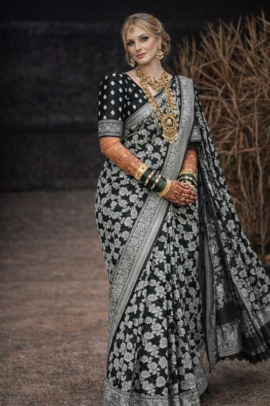 Soft Lichi Silk Saree – Black Zari Work