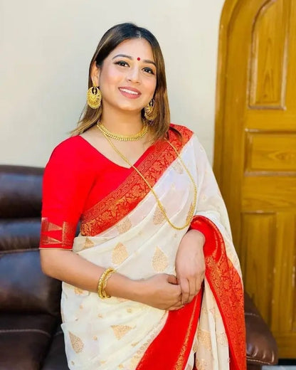 Soft Lichi Silk Saree – White Red Zari