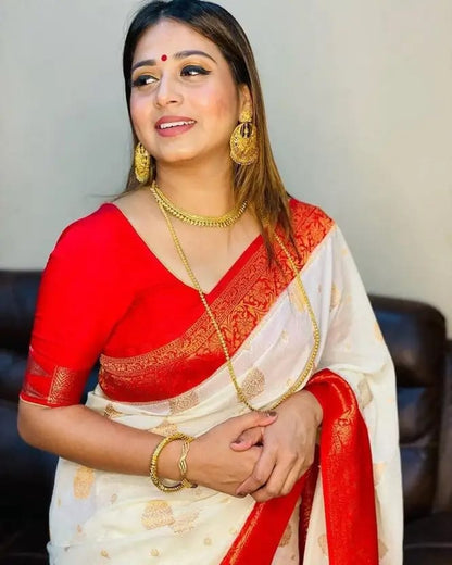 Soft Lichi Silk Saree – White Red Zari