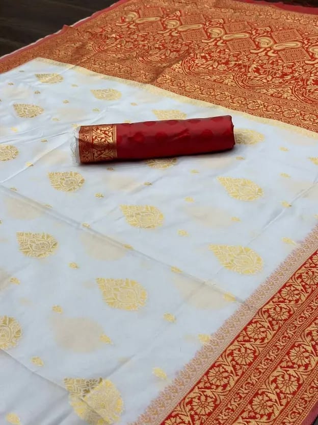 Soft Lichi Silk Saree – White Red Zari