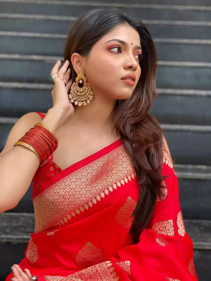 Red Soft Lichi Zari Saree