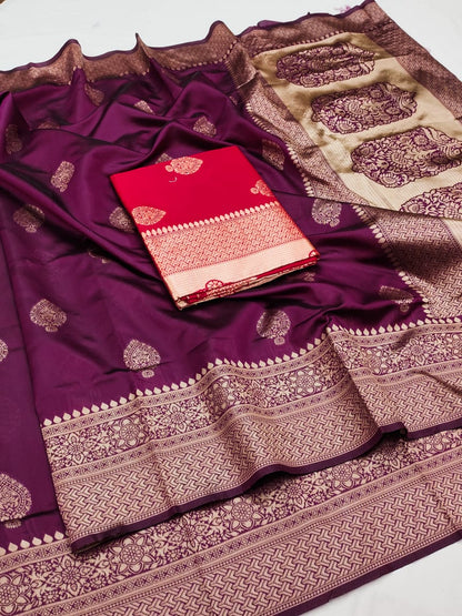 Soft Lichi Silk Saree – Wine Zari Border