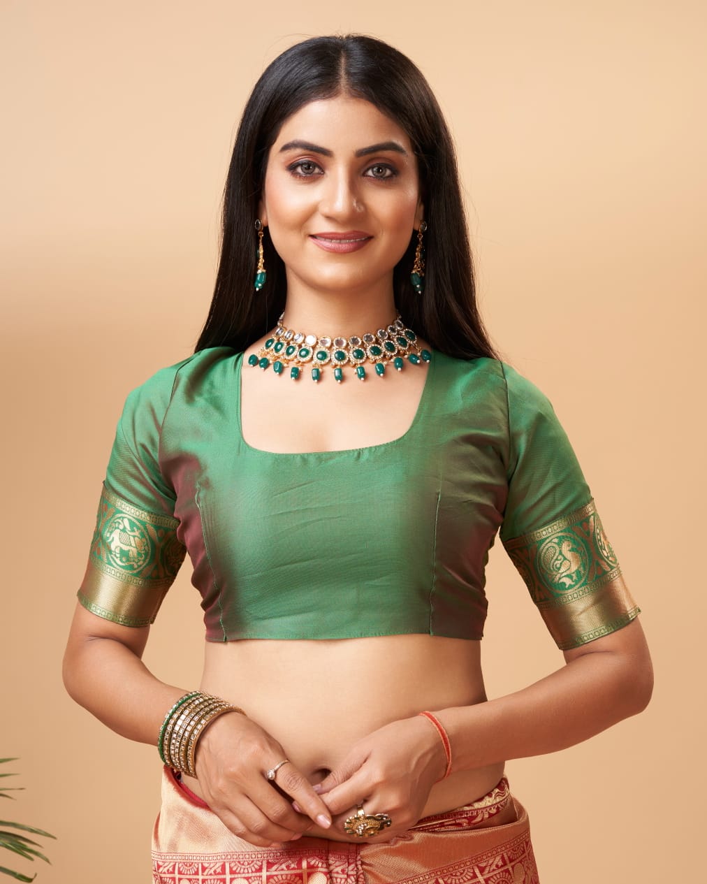 Soft Lichi Silk Saree – Red Green Zari